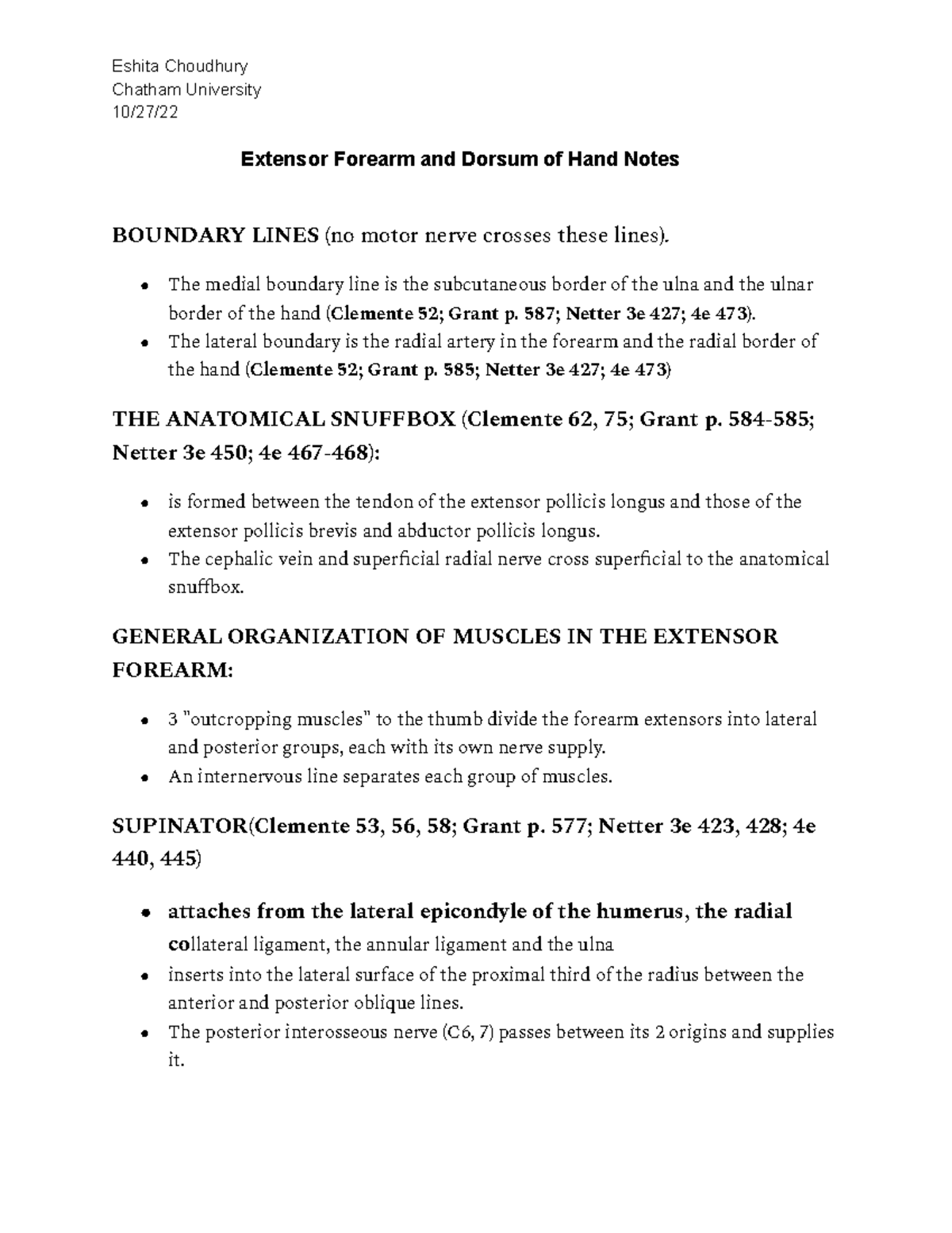 Extensor Forearm and Dorsum of Hand Notes - Chatham University 10/27