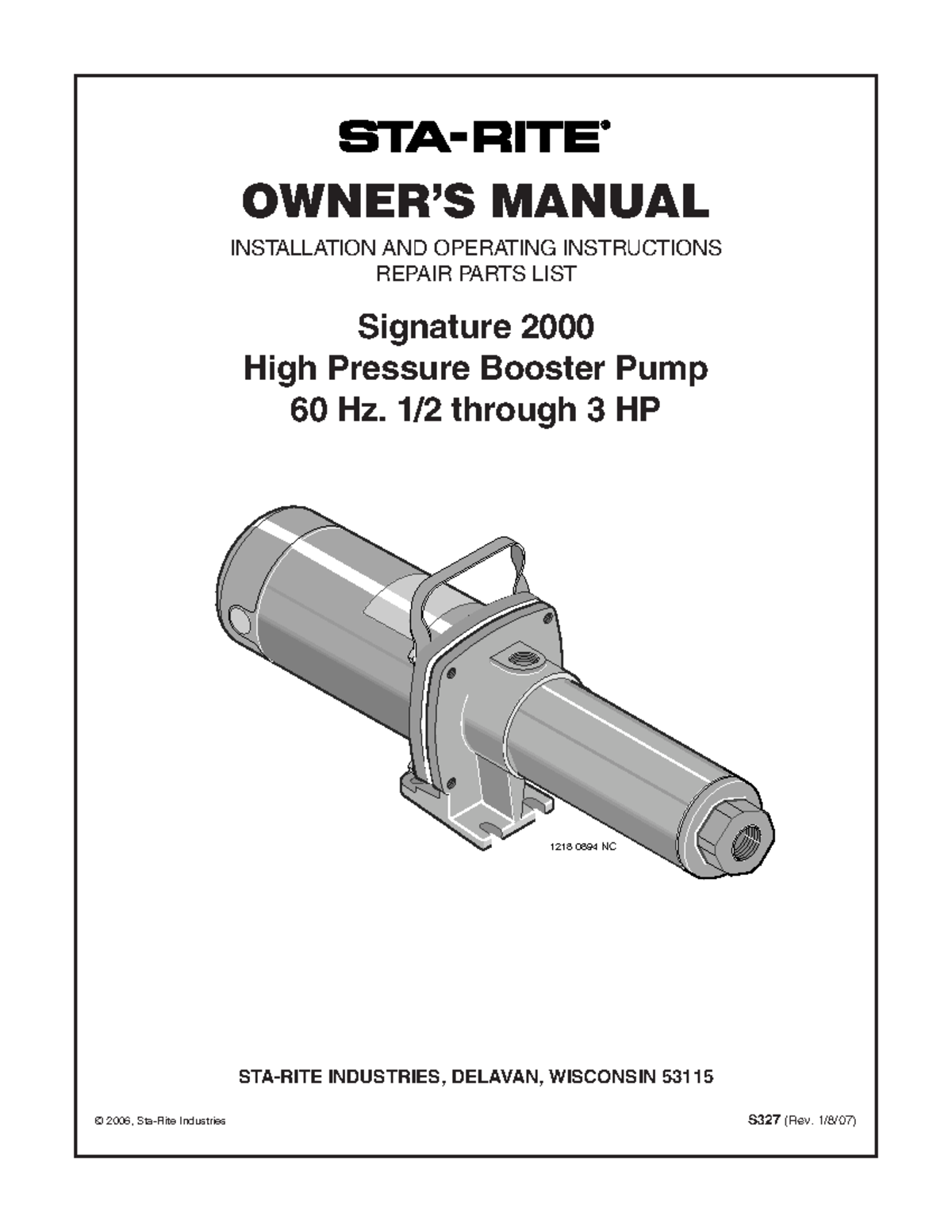 Sta Rite Signature Booster Pump Manual - OWNER’S MANUAL INSTALLATION ...