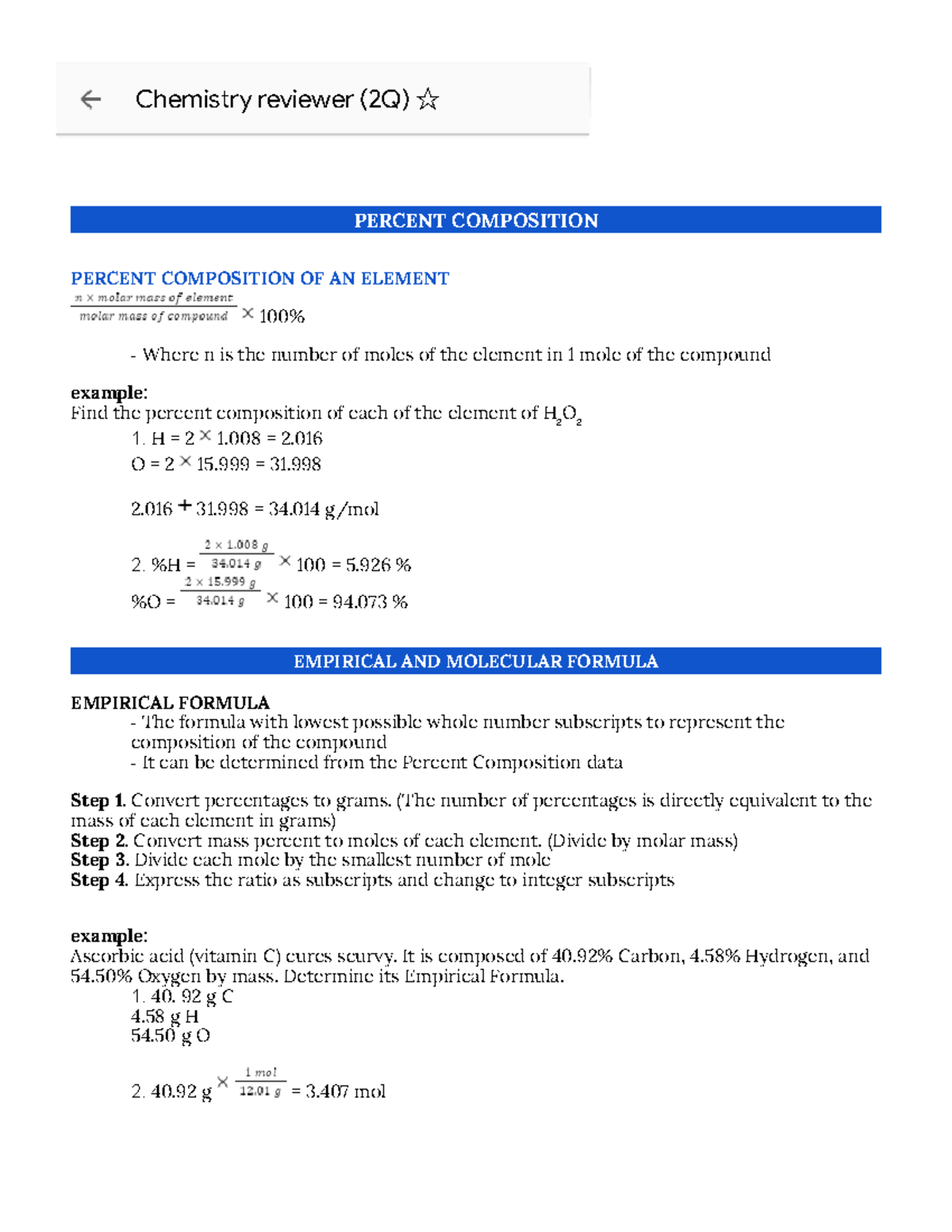 Chemistry Reviewer - PERCENT COMPOSITION PERCENT COMPOSITION OF AN ...