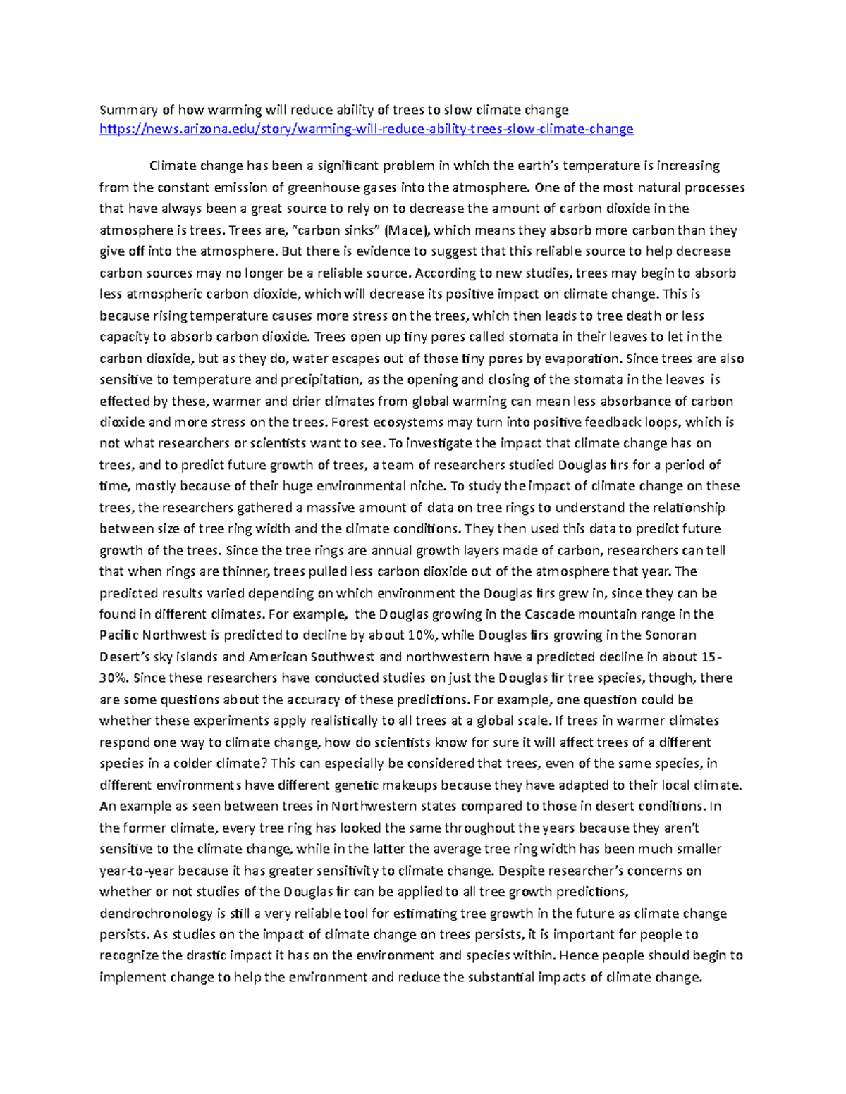 Assignment - Summary of how warming will reduce ability of trees to ...