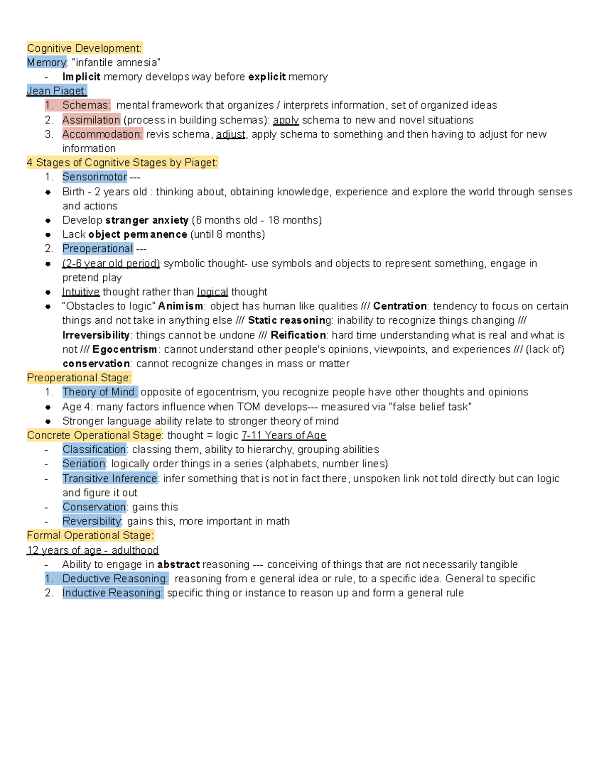 Psychology 100 Notes EXAM 2 - Cognitive Development: Memory: