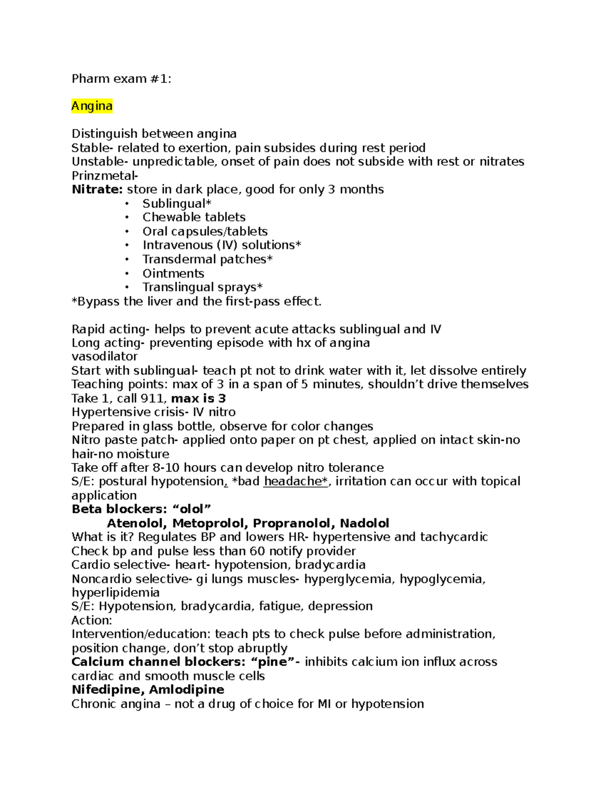 Pharm 2 exam 1 study guide - Pharm exam #1: Angina Distinguish between ...