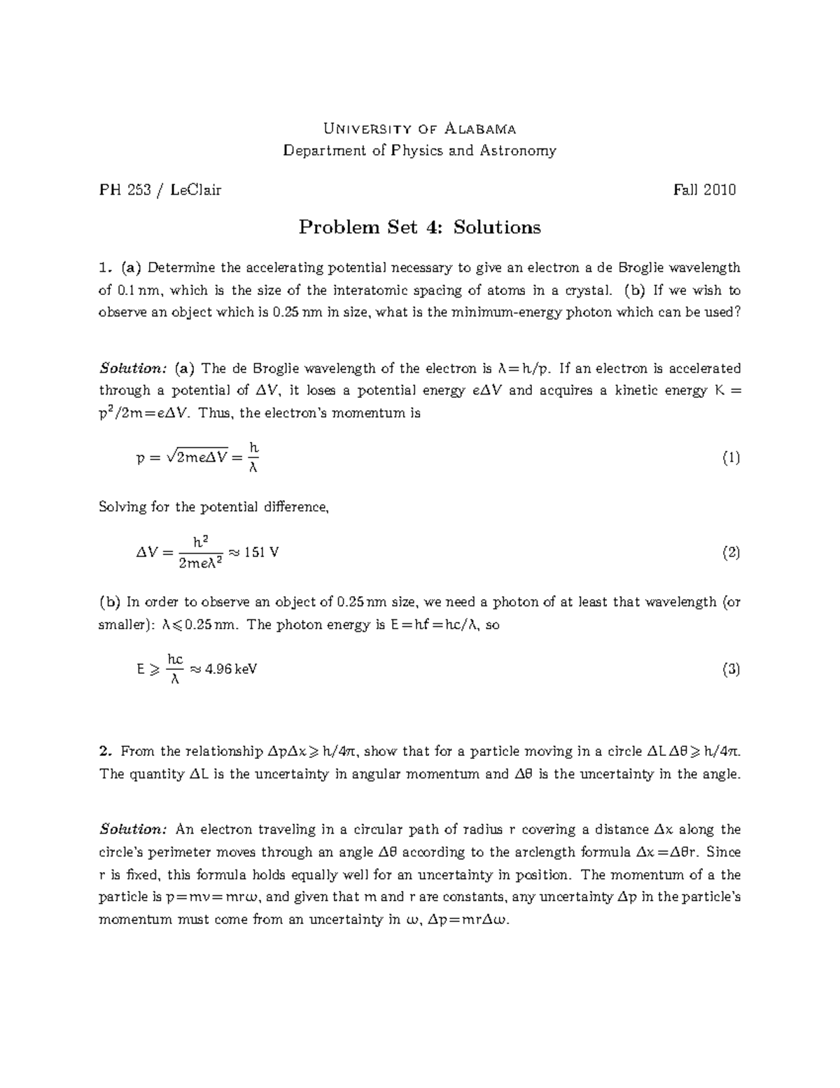 HW 4 Key Fall 2010 - University Of Alabama Department Of Physics And ...