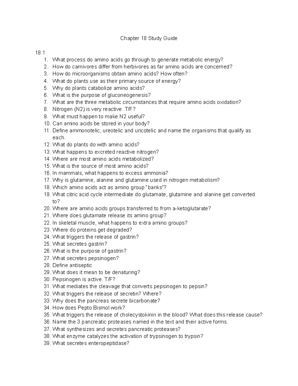 Chapter 18 Study Guide - Chapter 18 Study Guide What process do amino ...