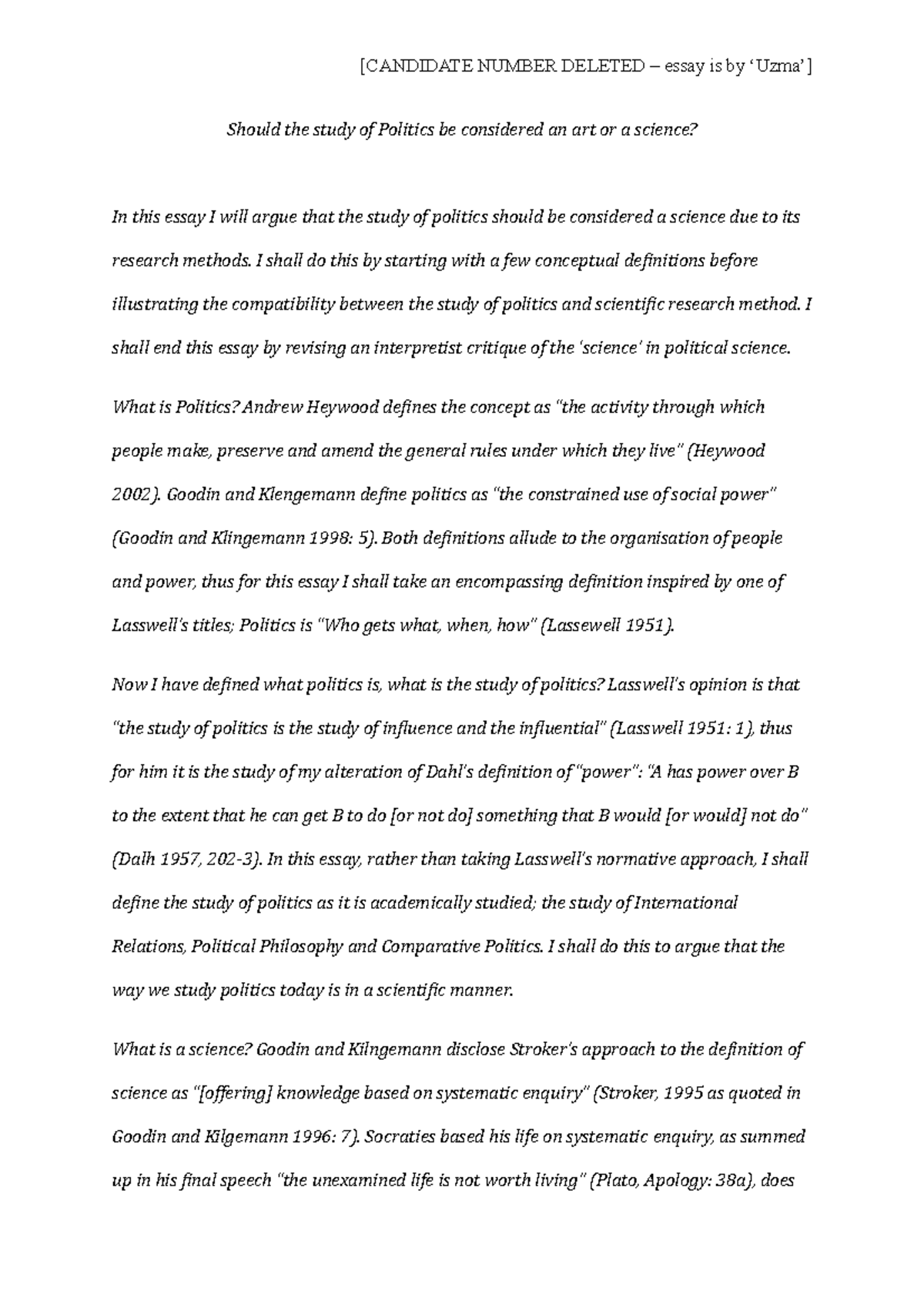 Formative essay 1 by uzma should the study of politics be considered