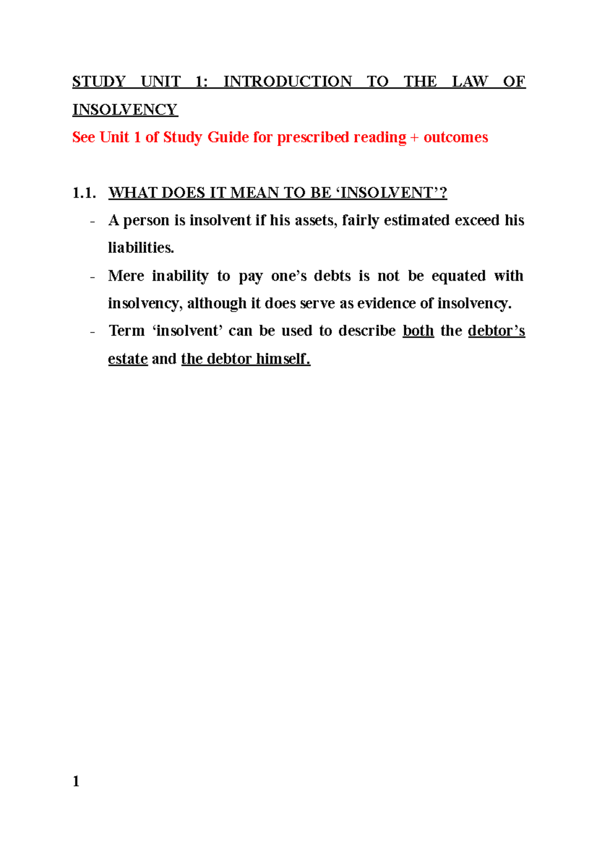 Study Unit 1 Insolvency Study Unit 1 Introduction To The Law Of