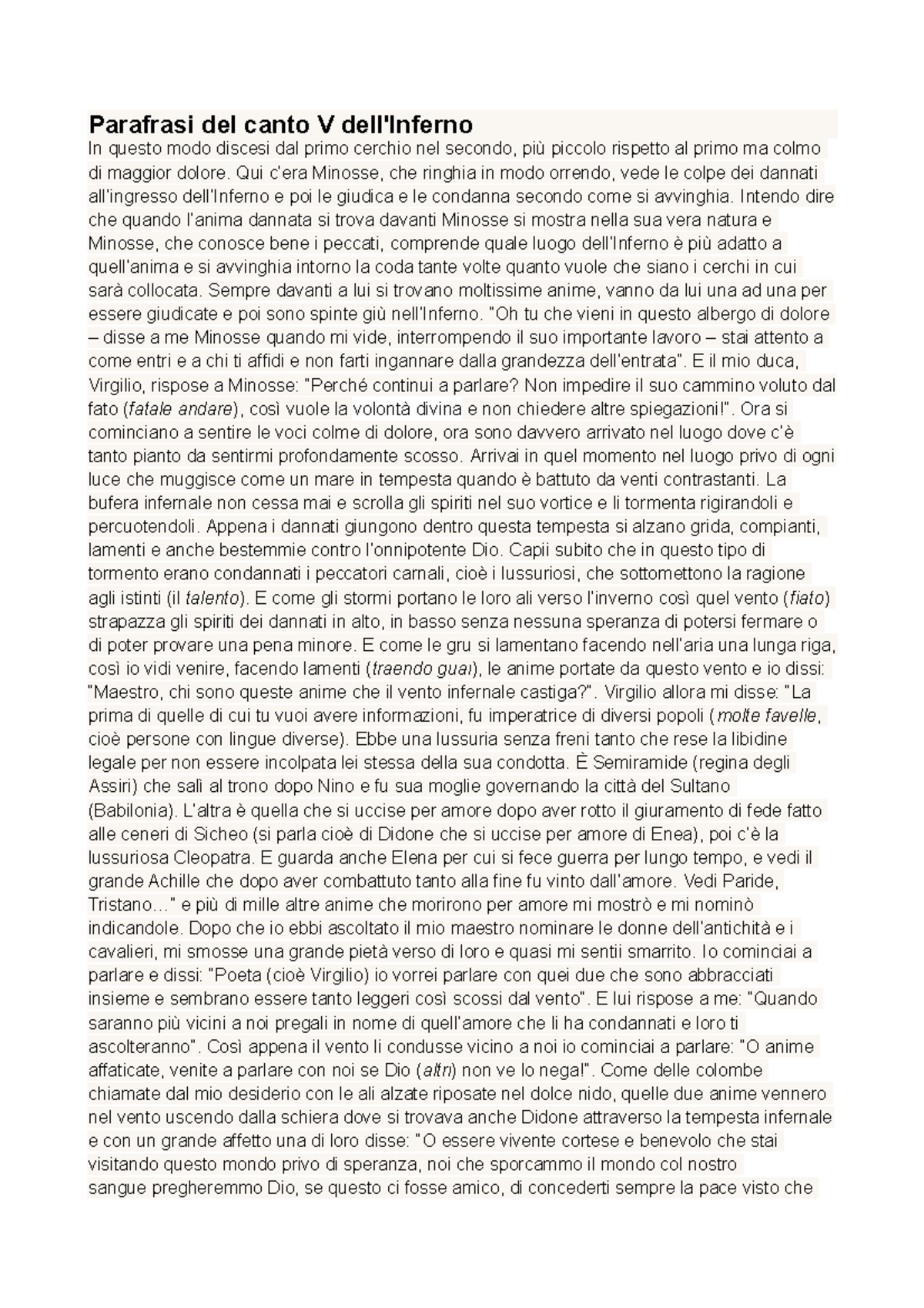 Parafrasi e commento di alcuni canti dell'inferno, purgatorio e paradiso Parafrasi del canto V