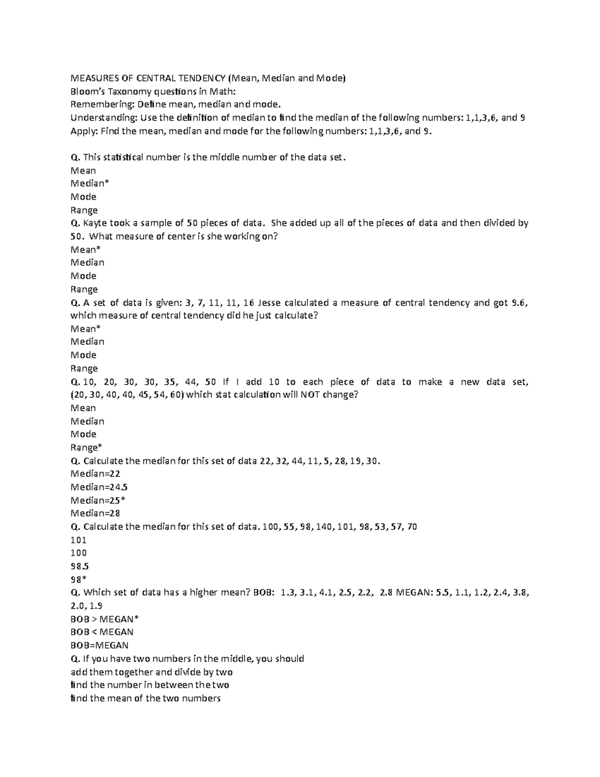 Test try Bloom Taxonomy - MEASURES OF CENTRAL TENDENCY (Mean, Median ...