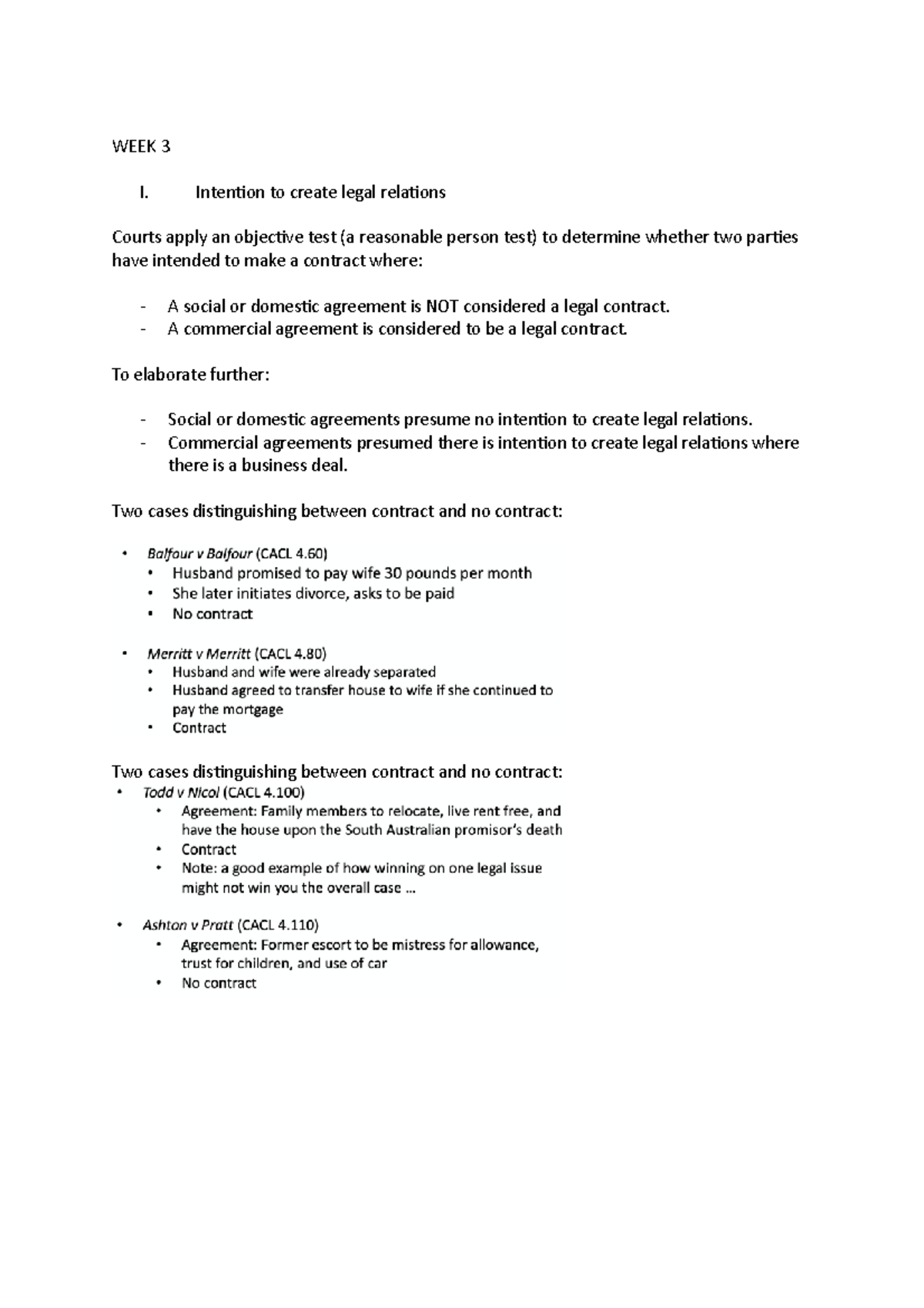 Law Test 2 Notes - WEEK 3 I. Intention to create legal relations Courts ...