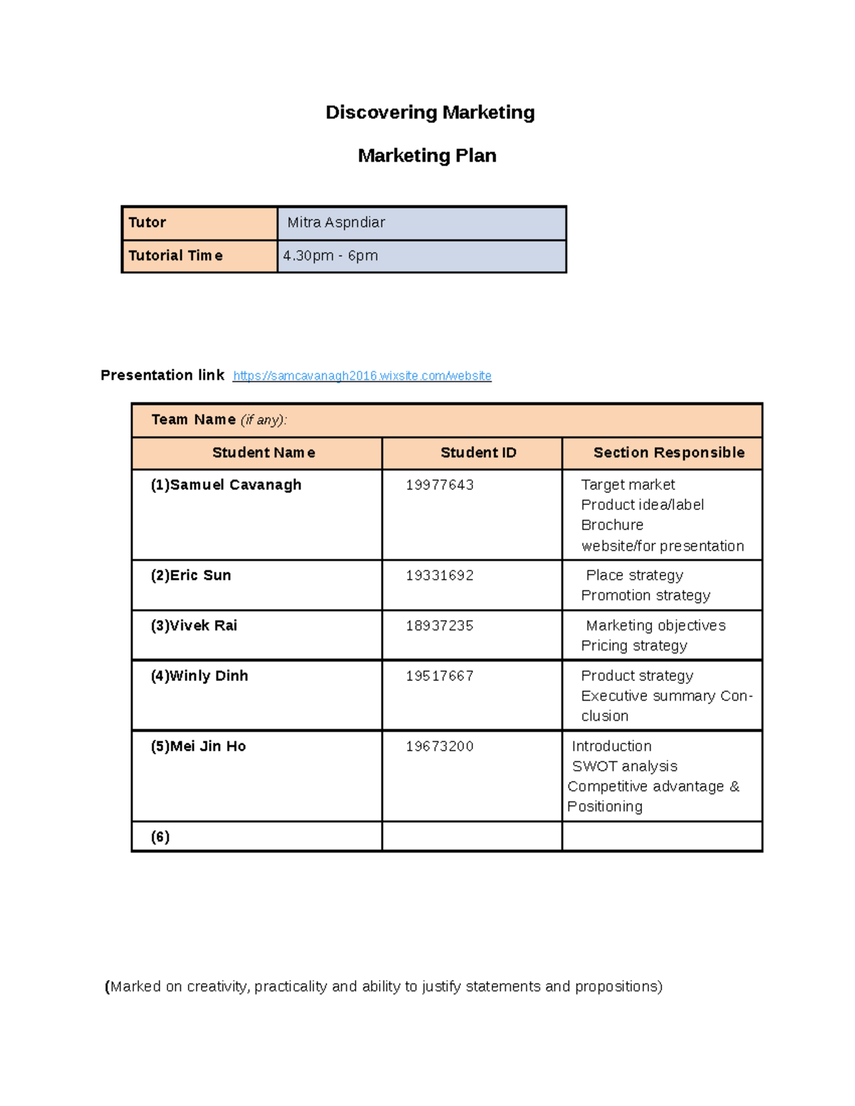 marketing plan report assignment