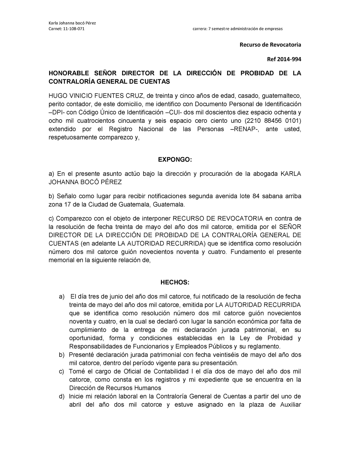 Recurso De Revocatoria Y Reposicion Modelo En Formato Pdf Carnet 11