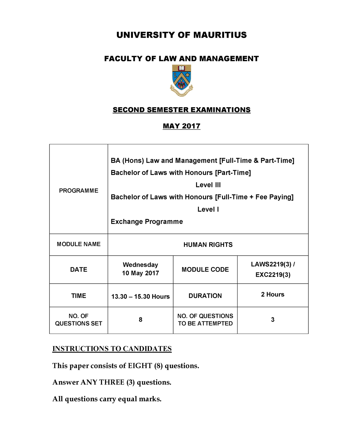 HR 2017 - past paper - UNIVERSITY OF MAURITIUS FACULTY OF LAW AND ...