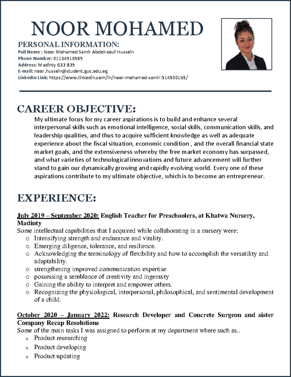 Noor Mohamed Samir CV (Resume) - NOOR MOHAMED PERSONAL INFORMATION ...