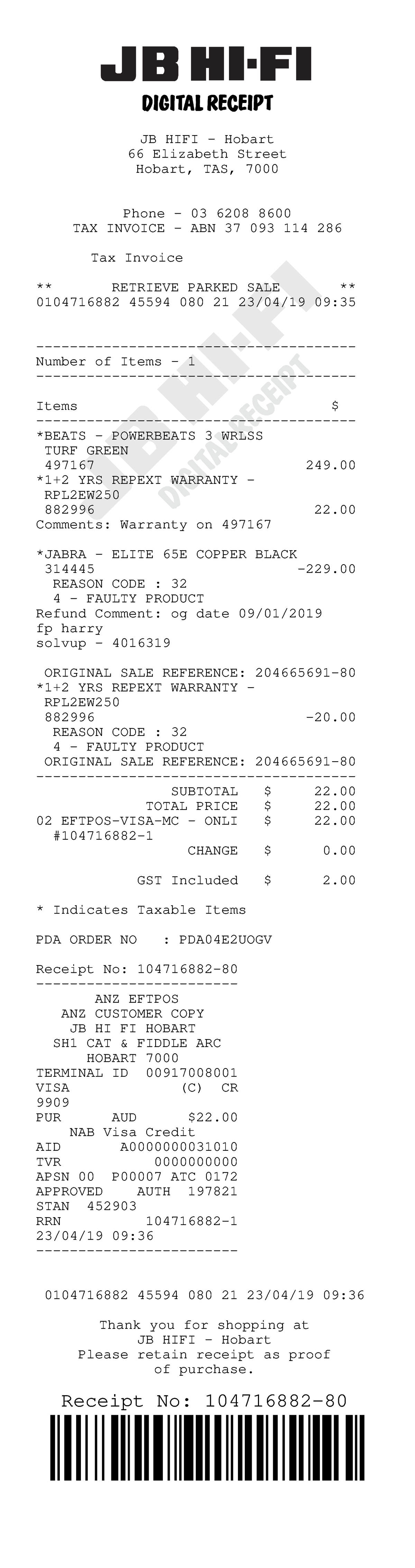 436769955 JBHi Fi Receipt Gsqxz 395 JB HIFI Hobart 66 Elizabeth