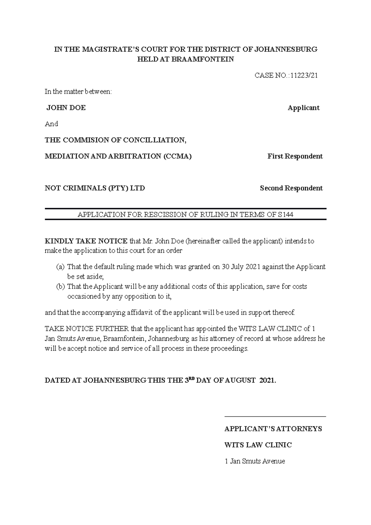 Application For Rescission Of Judgement drafting Assignment IN THE