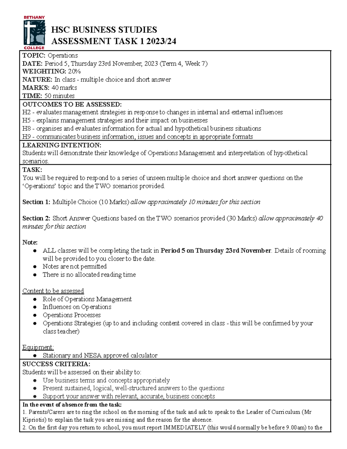 2024 HSC Business Studies Task 1 Notification - Operations - HSC ...