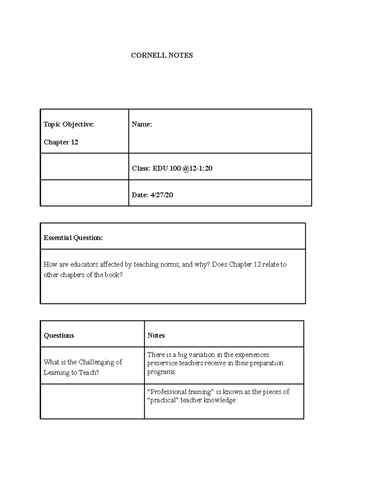 Chapter 12 C.N - EDU 100 - CORNELL NOTES Topic Objective: Chapter 12 ...