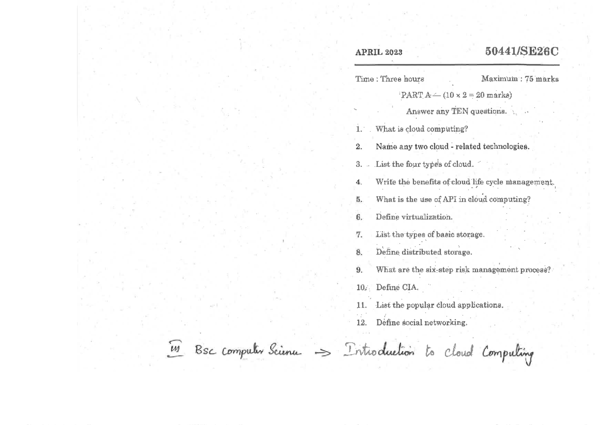 SE26C Introduction TO Cloud Computing APR23 - Computer science - Studocu