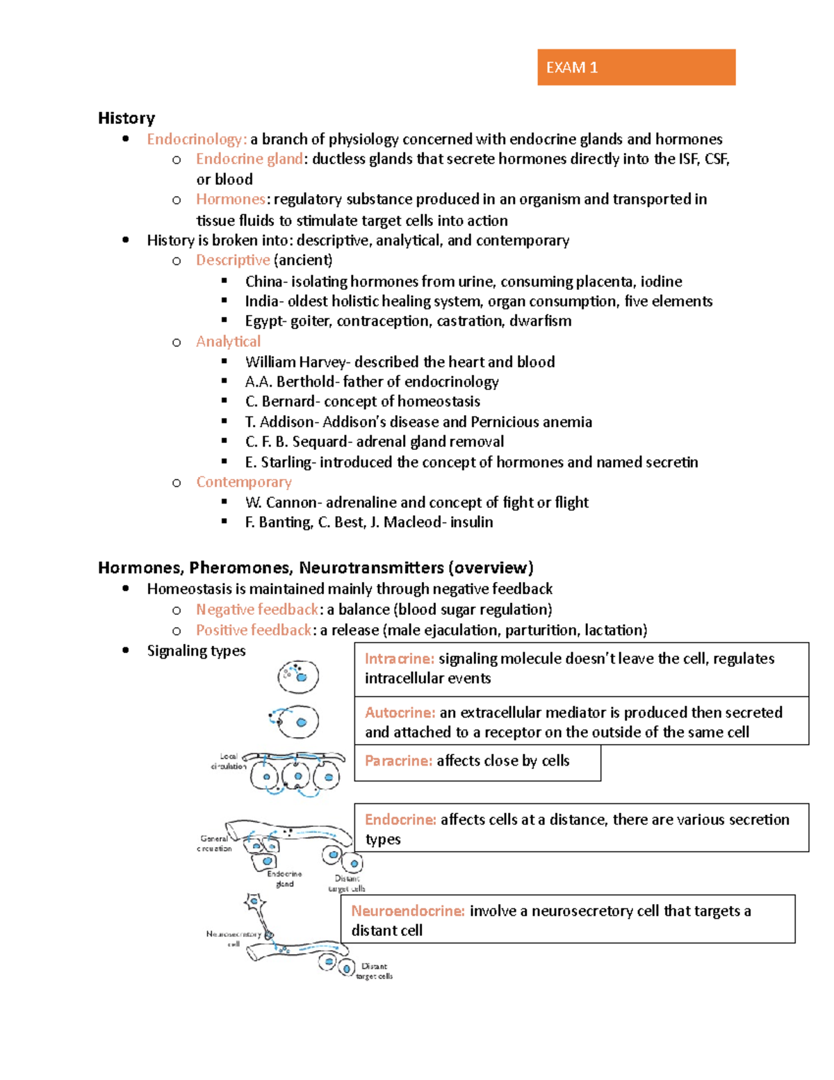 Exam 1 Study Guide - Class Notes - History Endocrinology: A Branch Of ...