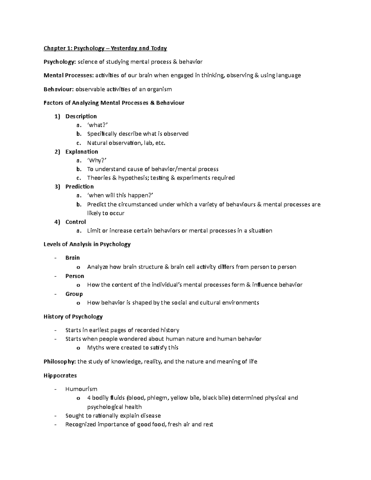 Notes - Chapter 1: Psychology – Yesterday and Today Psychology: science ...