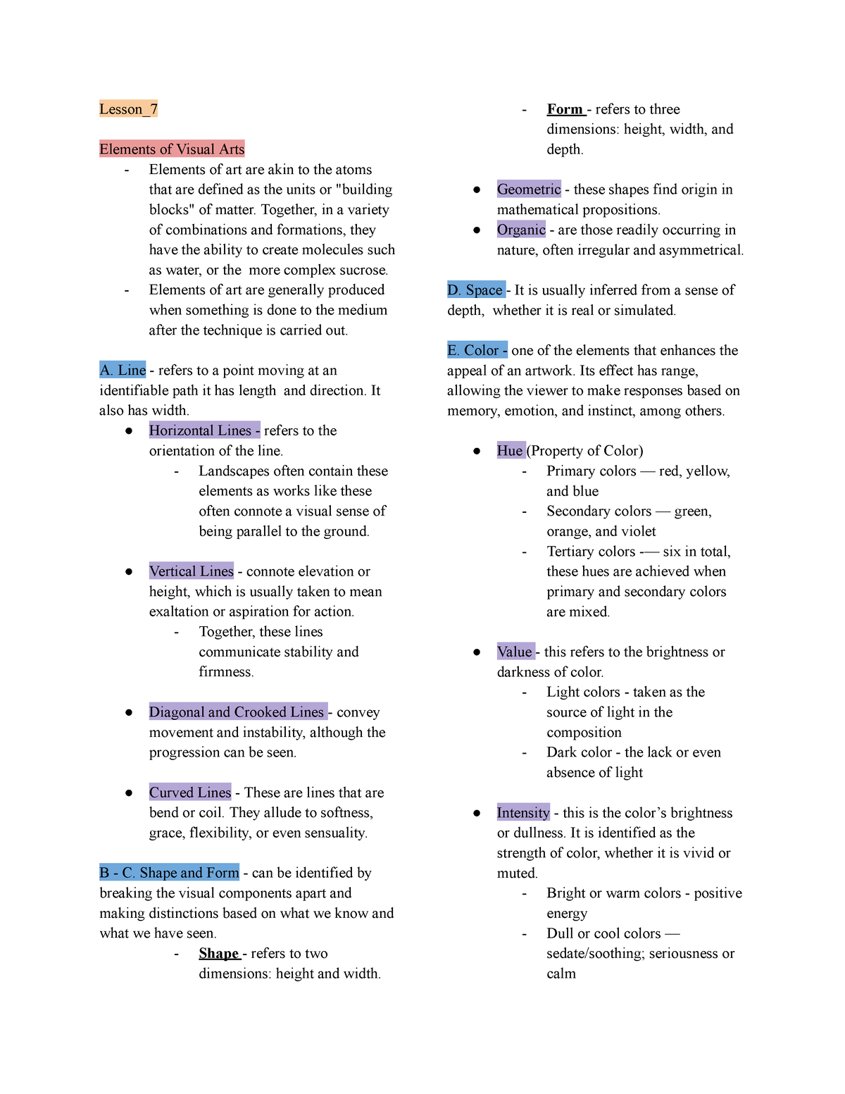 Art-Appreciation Reviewer - Lesson_ Elements of Visual Arts - Elements ...