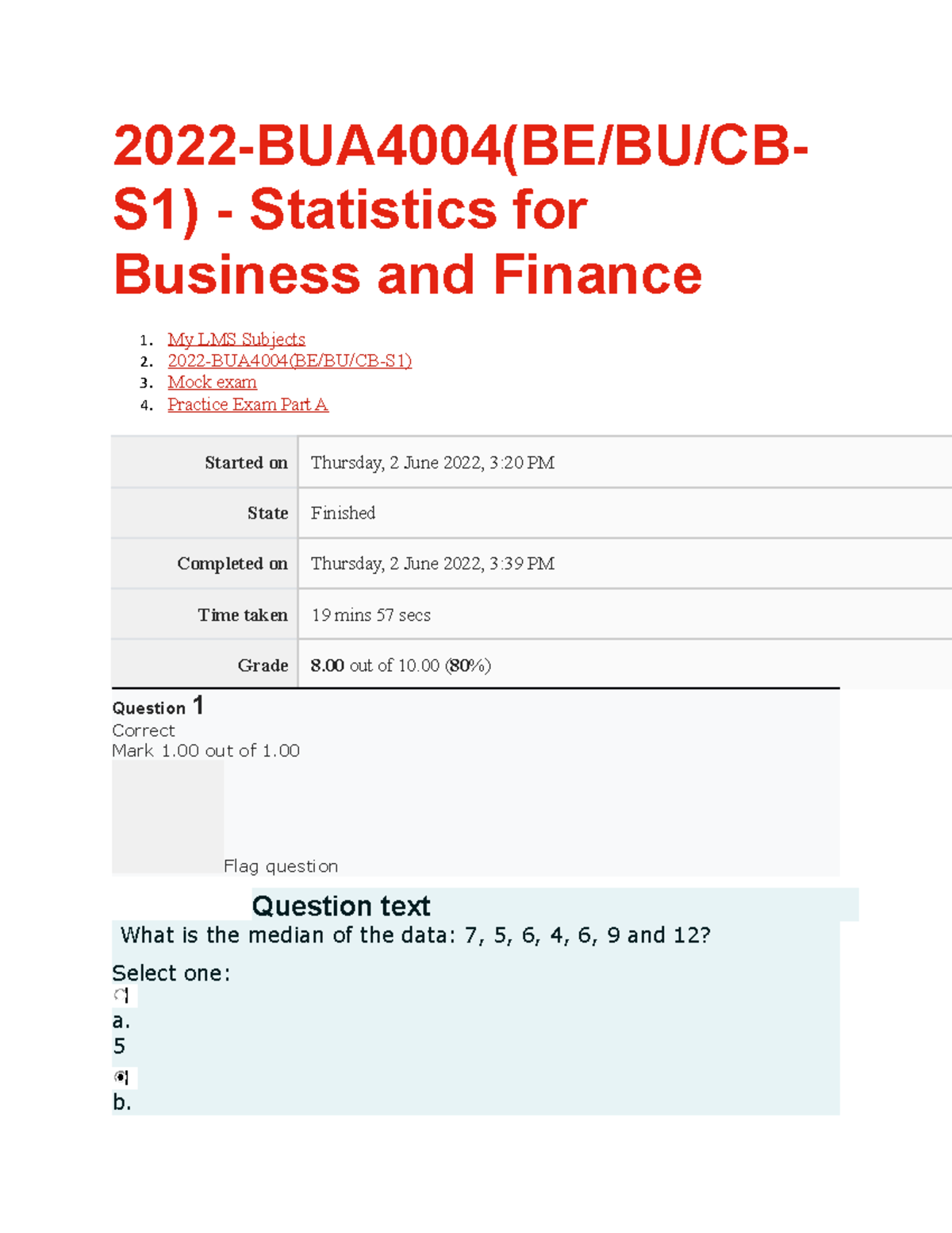 Mock Test Part -A - Statistic Mock Test - 2022-BUA4004(BE/BU/CB- S1 ...