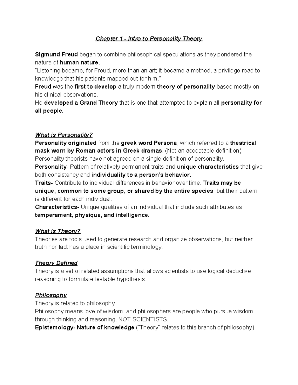 Chapter 1 - Intro to Personality Theory - “Listening became, for Freud ...