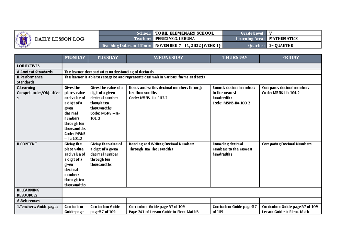 Math 5 Week 1 - lesson log - DAILY LESSON LOG School: TORIL ELEMENARY ...