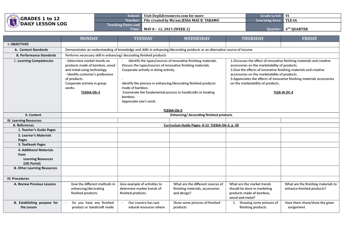 DLL TLE 6 Q4 W2 - Daily Lesson Log - GRADES 1 To 12 DAILY LESSON LOG ...