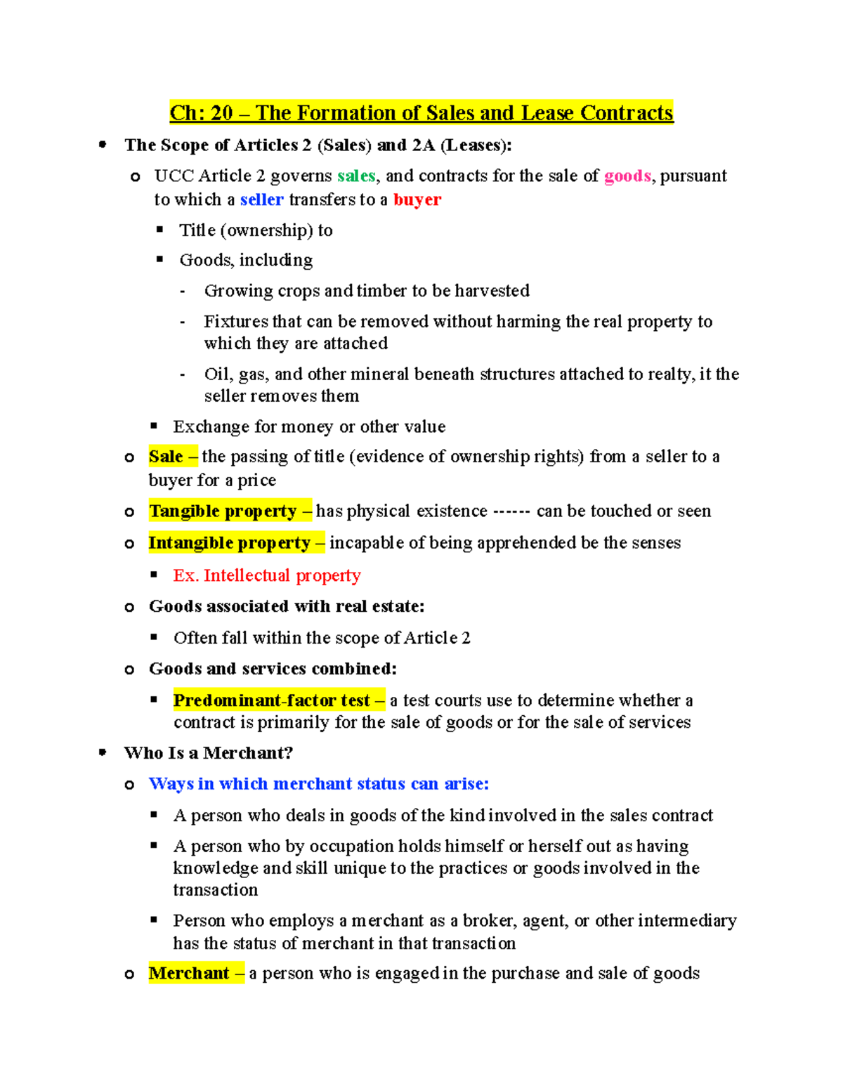 Ch.20 - Notes - Business Law - Ch: 20 – The Formation Of Sales And ...