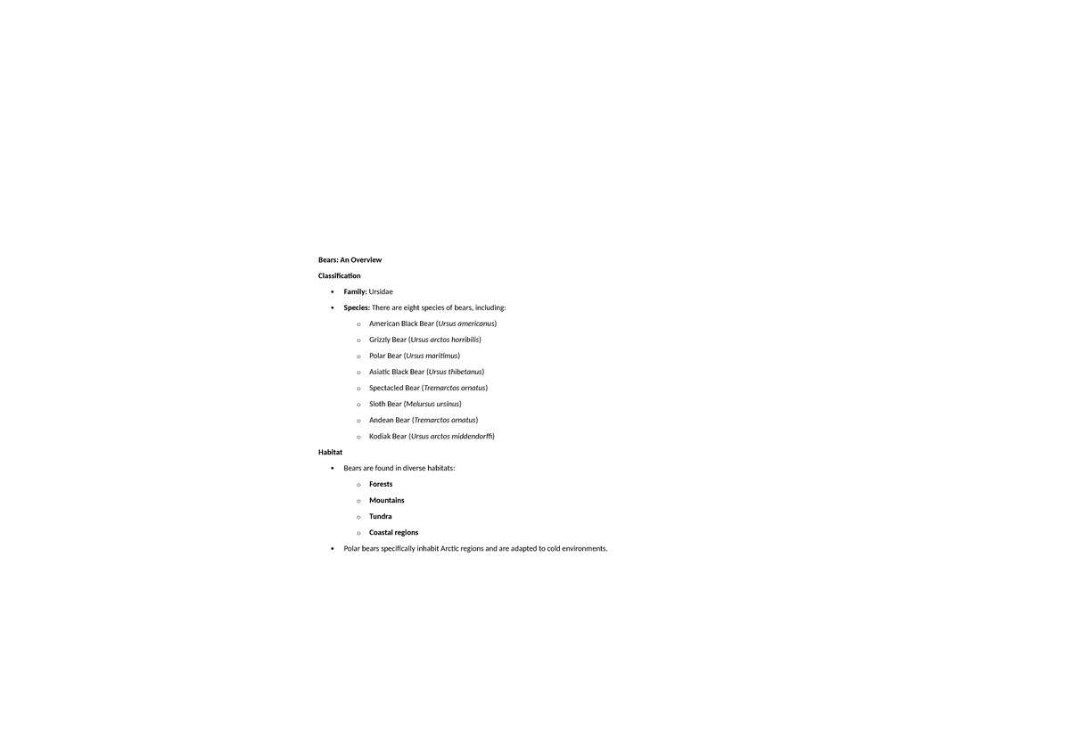 Bears - not much - Bears: An Overview Classification Family: Ursidae ...