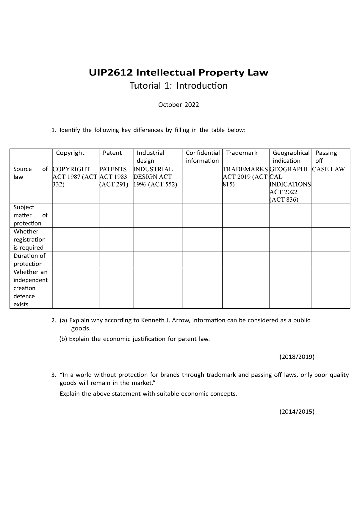 UIP2612 - Tutorial 1 (Introduction) - Question - UIP2612 Intellectual ...