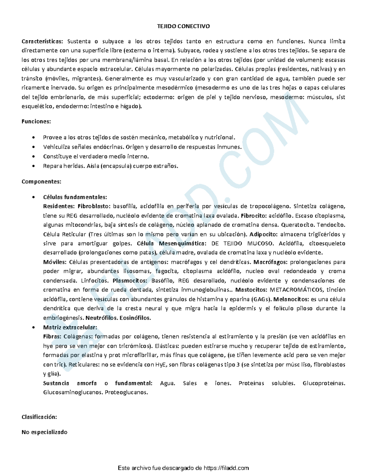 Tejido Conectivo - Apunte - TEJIDO CONECTIVO Características: Sustenta ...