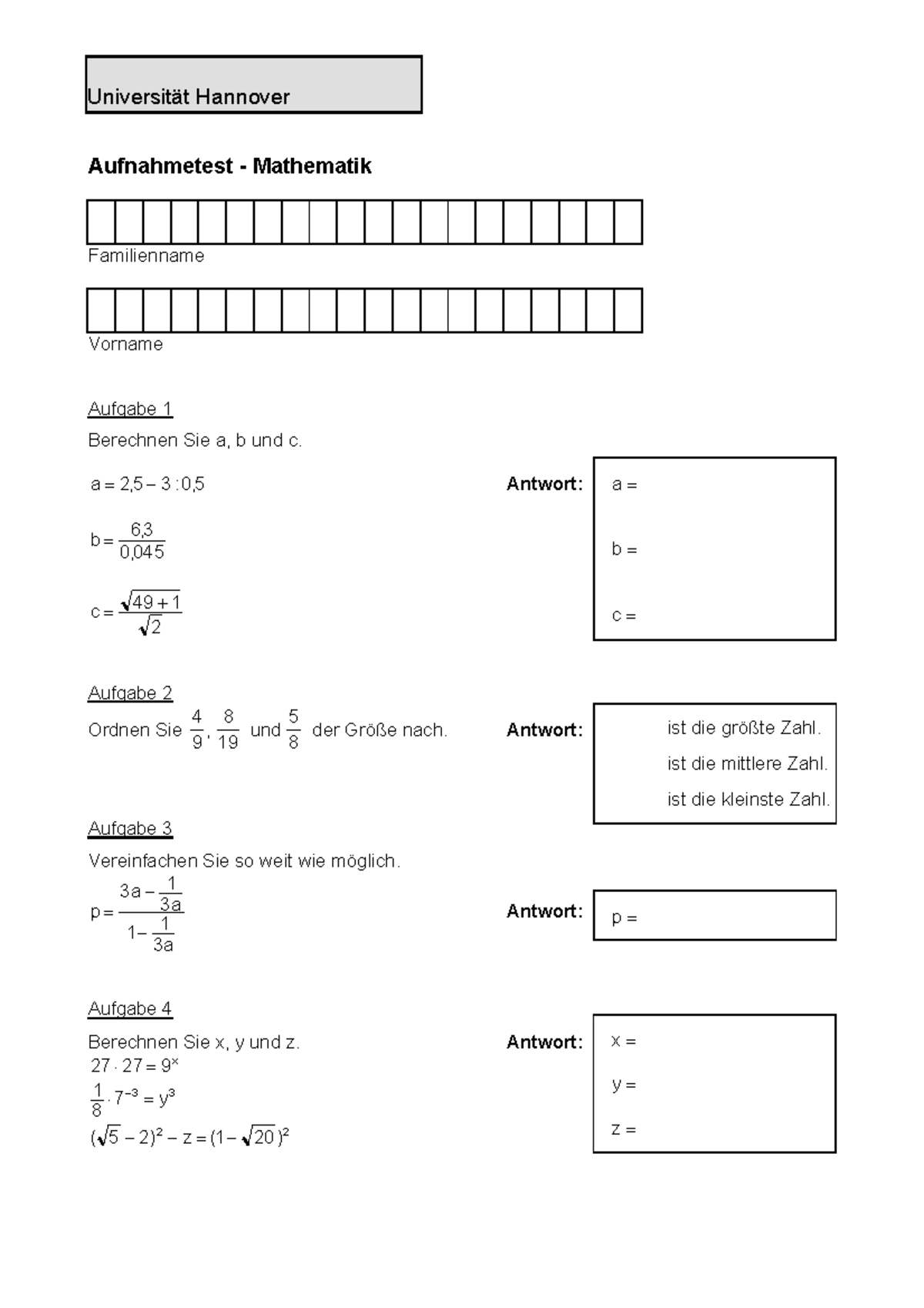 STK Aufnahmetest Muster Mathematik - Nieders‰chsisches Studienkolleg ...