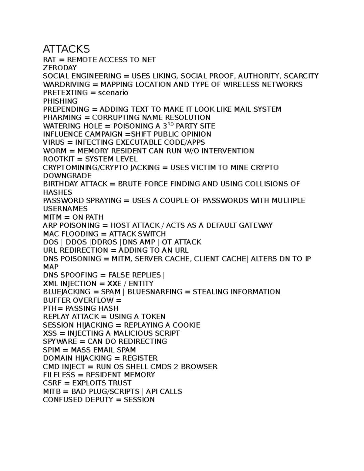 SEC+ - brief - ATTACKS RAT = REMOTE ACCESS TO NET ZERODAY SOCIAL ...