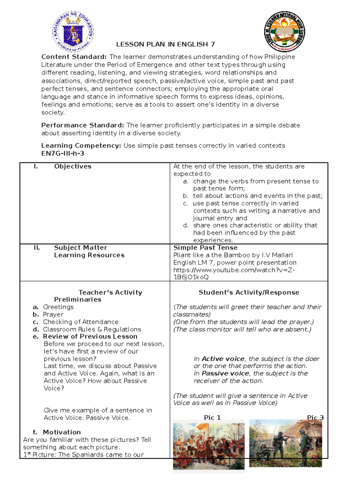 Lesson Plan In English 7 LESSON PLAN IN ENGLISH 7 Content Standard 