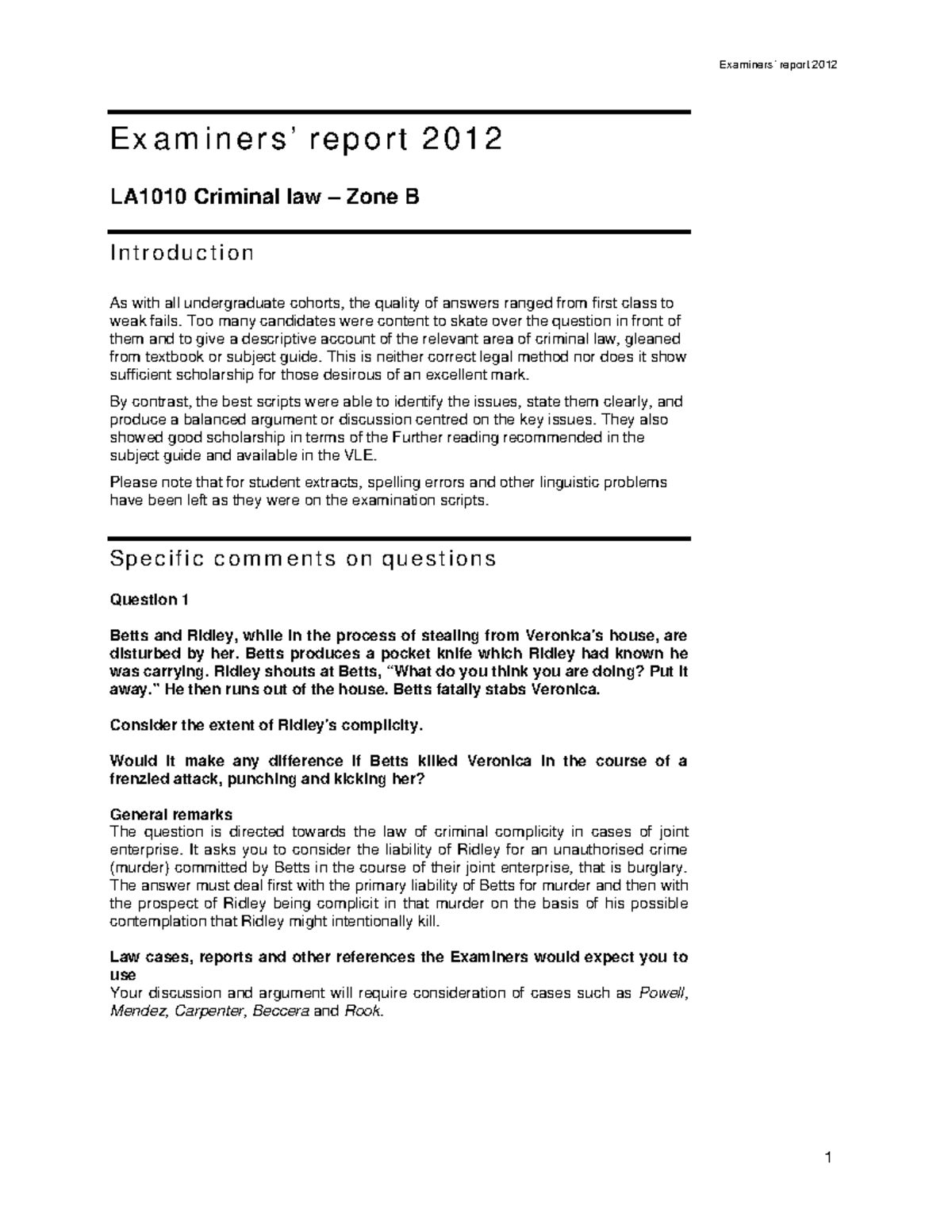 Criminal Law UOL Past Year 2012 ANSWERS Scheme B - Examiners’ Report ...