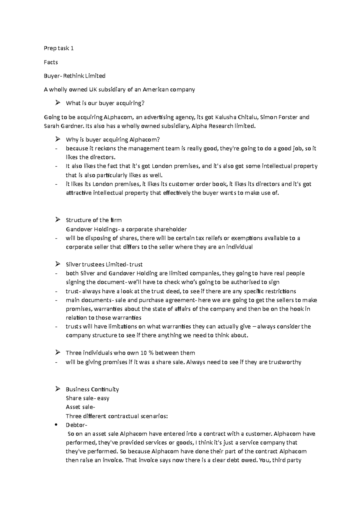 Worskhop 1 notes - Prep task 1 Facts Buyer- Rethink Limited A wholly ...