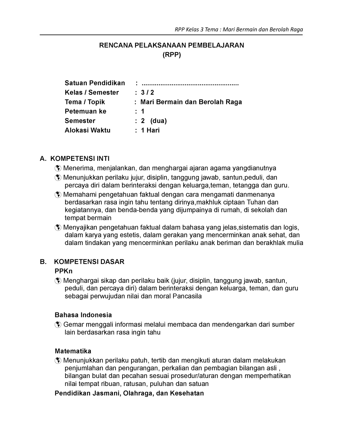 RPP KLS 3 TEMA 4 - Rpp - RENCANA PELAKSANAAN PEMBELAJARAN (RPP) Satuan ...