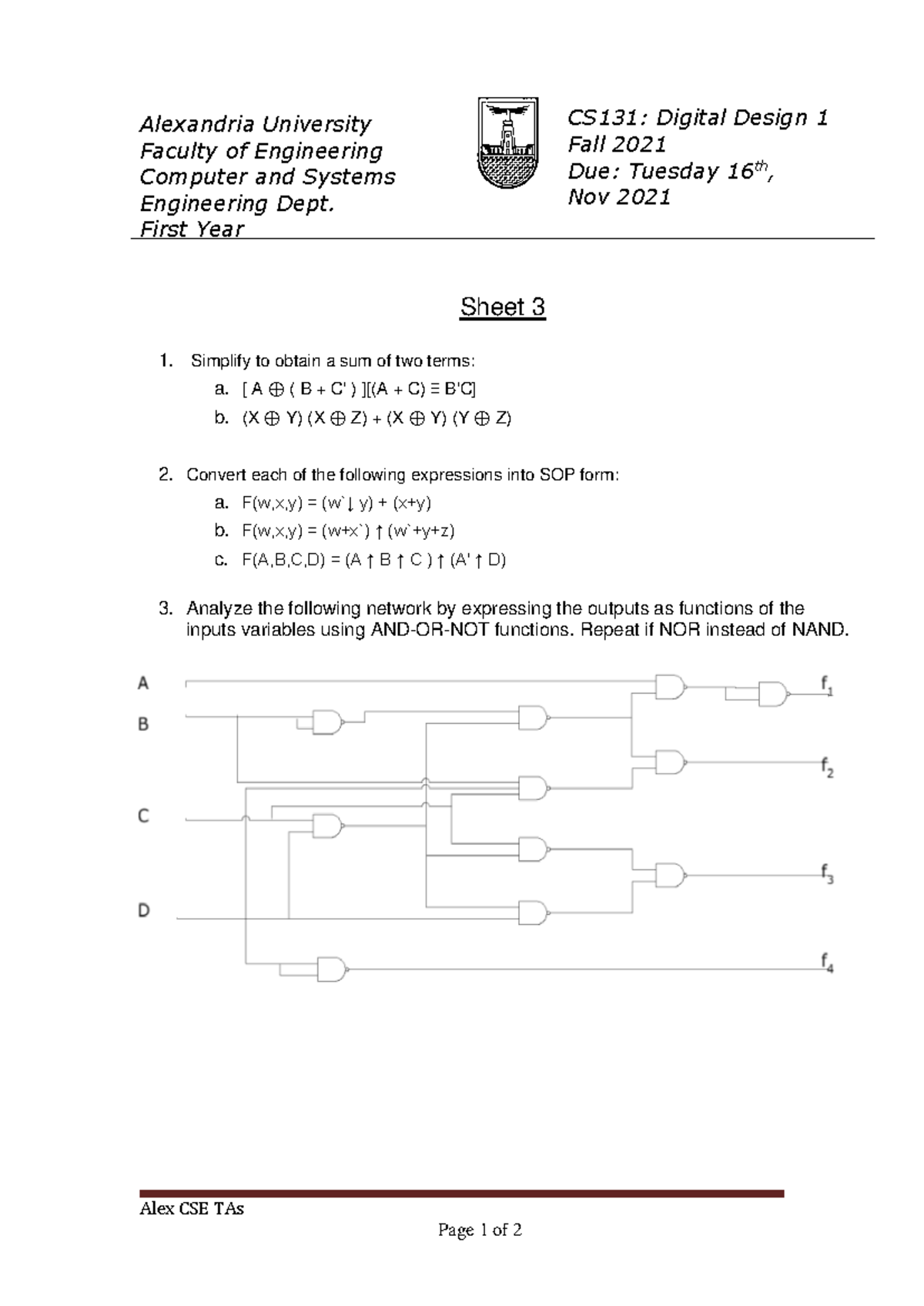 Digital Design 1 Sheet 3 - Alexandria University Faculty of Engineering ...