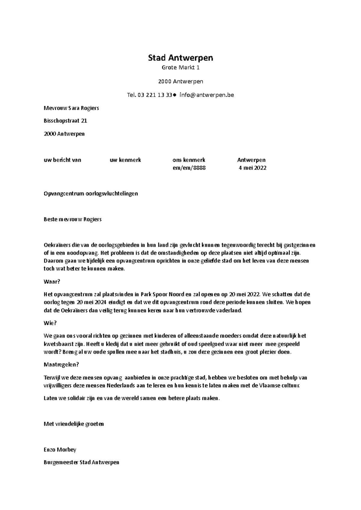 Informerende brief nederlands Stad Antwerpen Grote Markt 1 2000