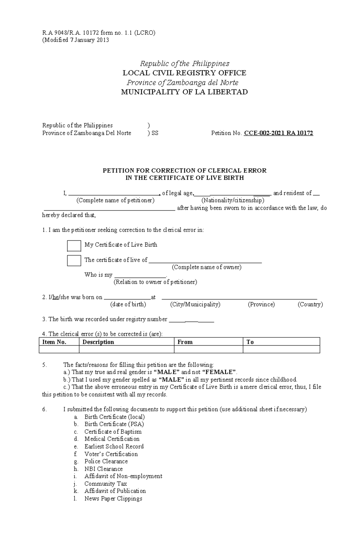 Petition - R 9048/R. 10172 form no. 1 (LCRO) (Modified 7 January 2013 ...