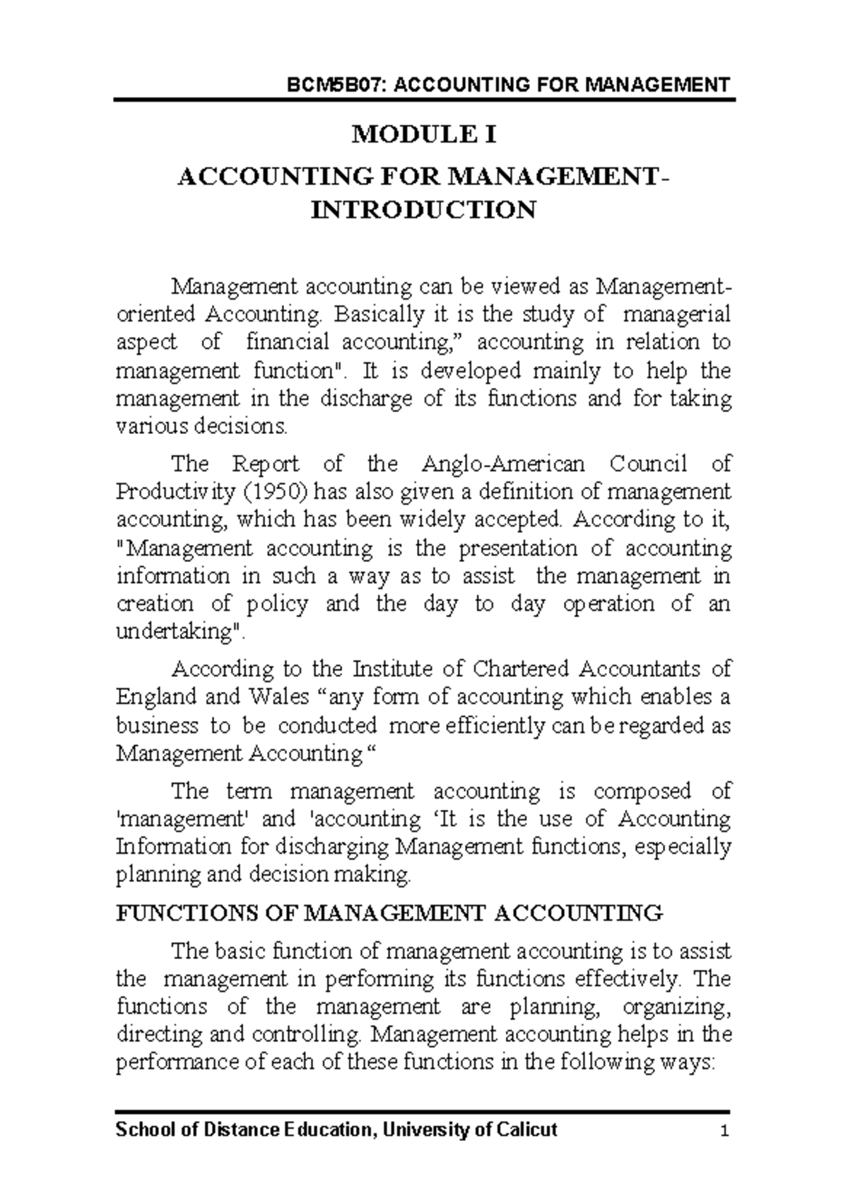 Accounting management - MODULE I ACCOUNTING FOR MANAGEMENT ...