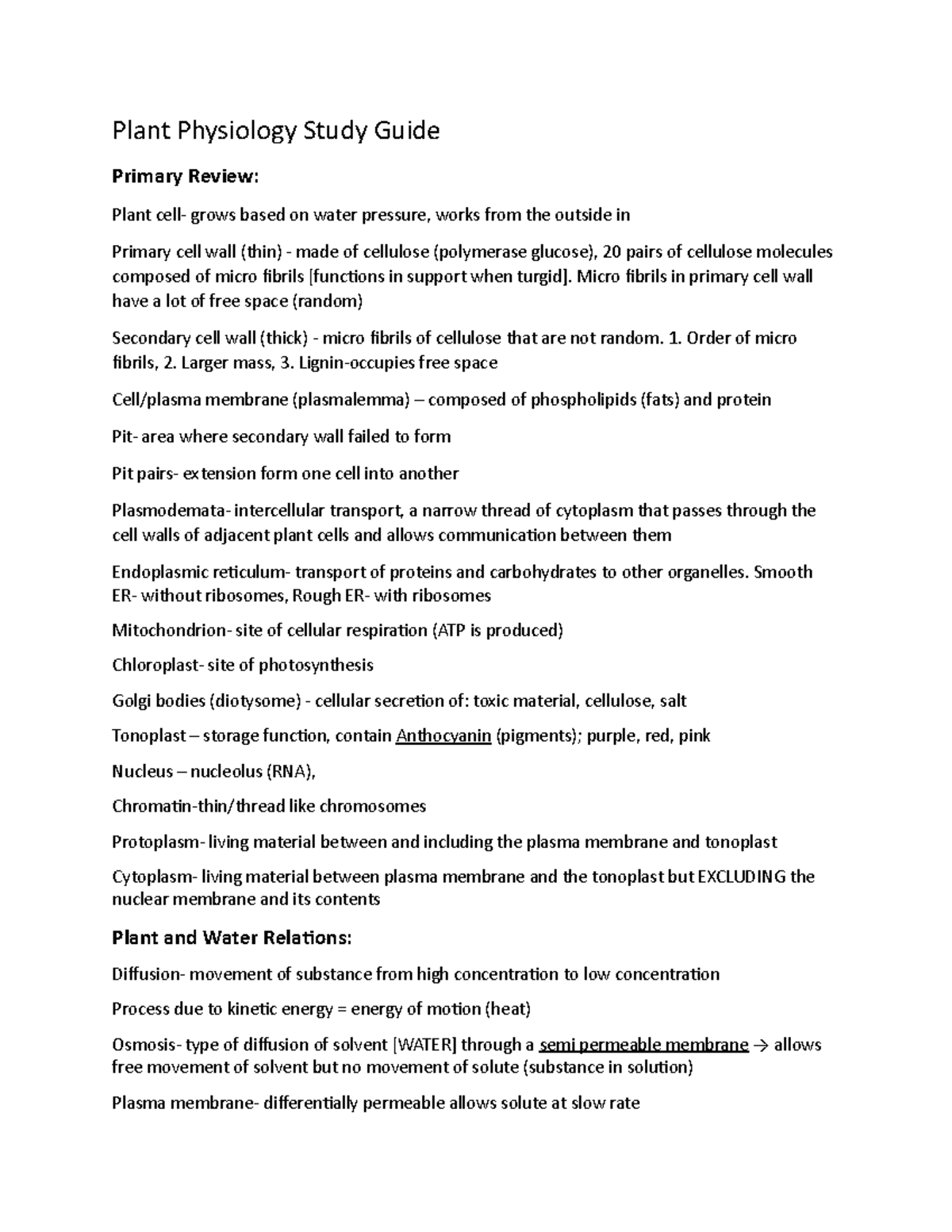 Plant Physiology Study Guide - 1. Order of micro fibrils, 2. Larger ...