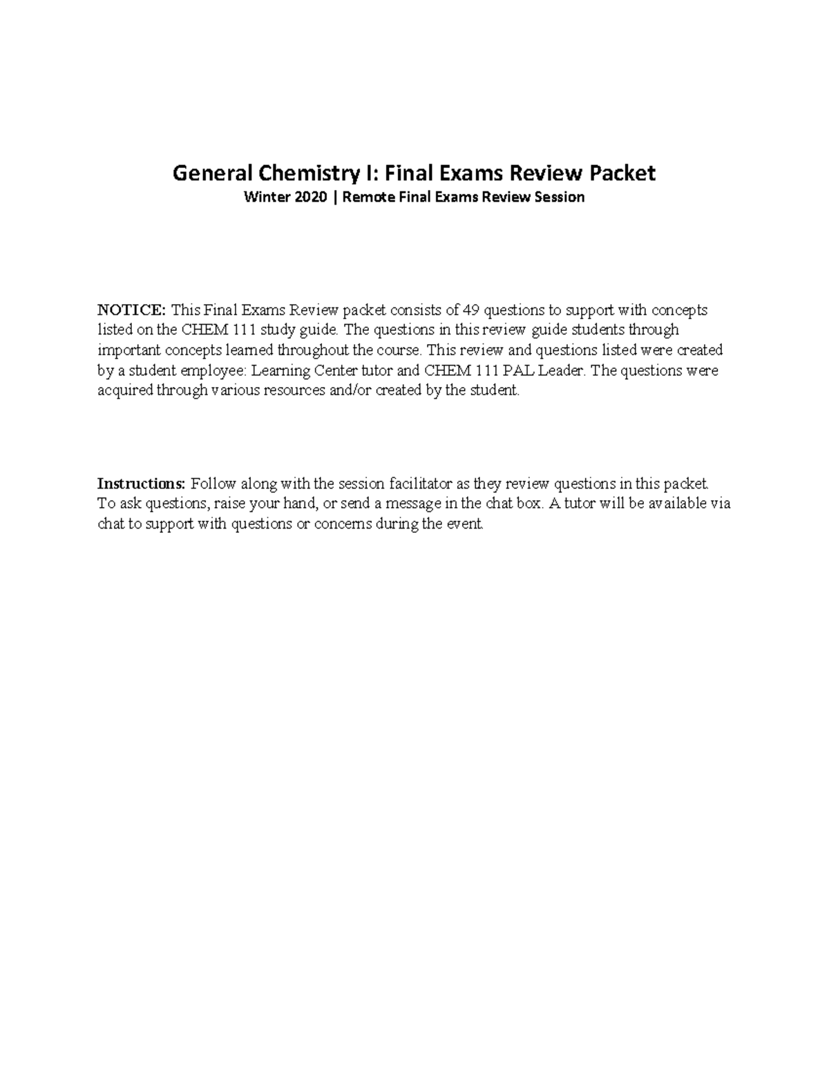 Chem-111-review - Final Exam - General Chemistry I: Final Exams Review ...