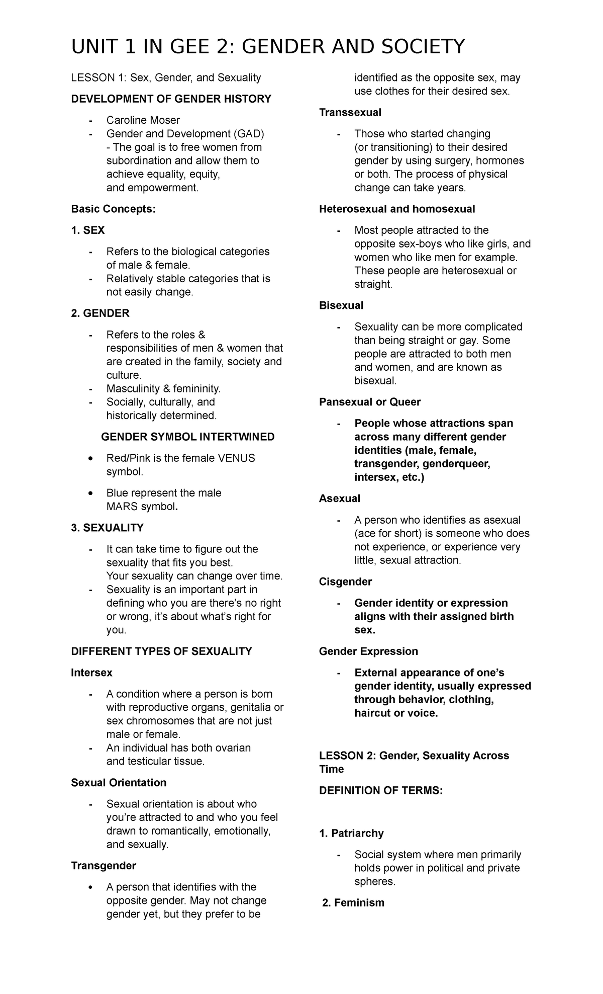 Unit 1 In Gender And Society Lesson 1 Sex Gender And Sexuality Development Of Gender