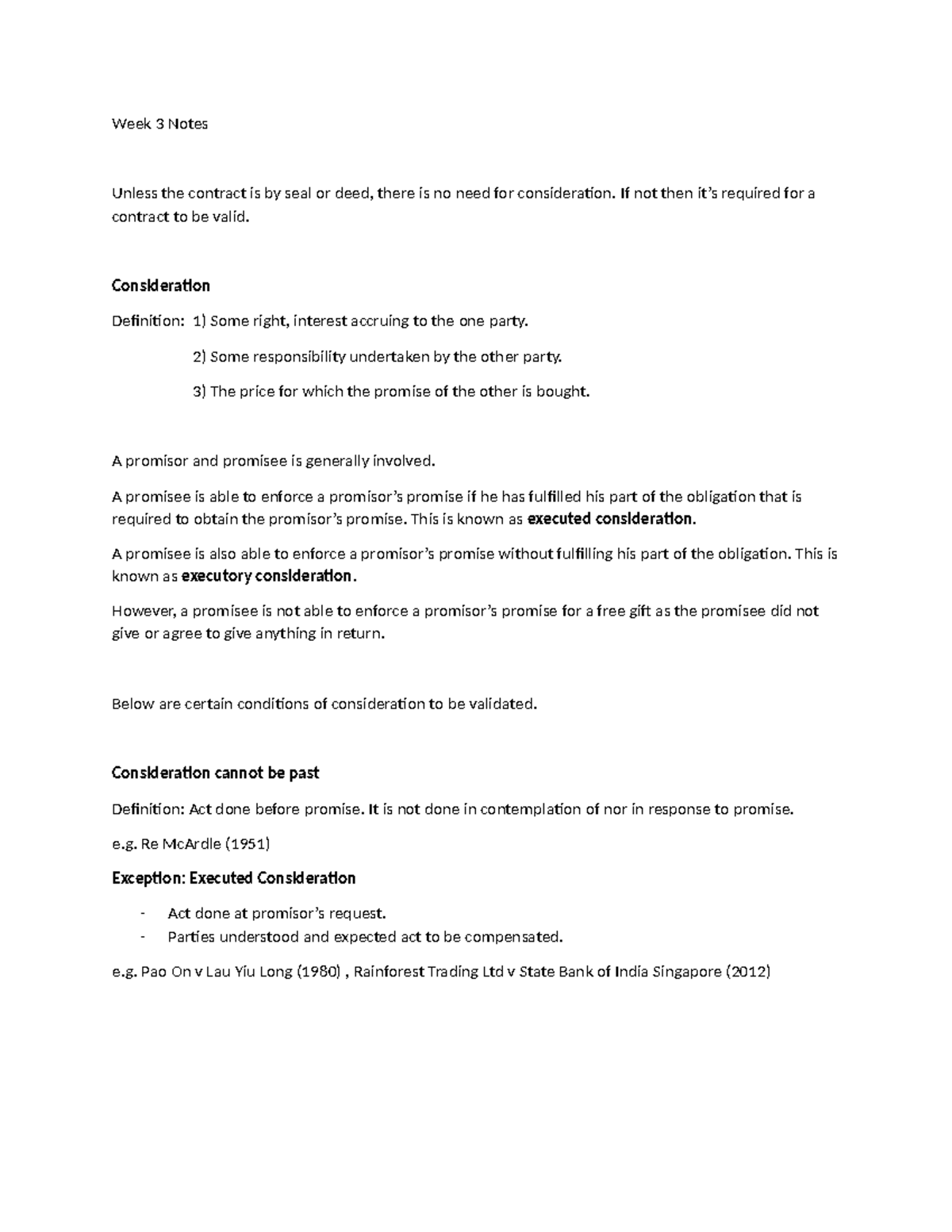 Week 3 Notes - Week 3 Notes Unless the contract is by seal or deed ...