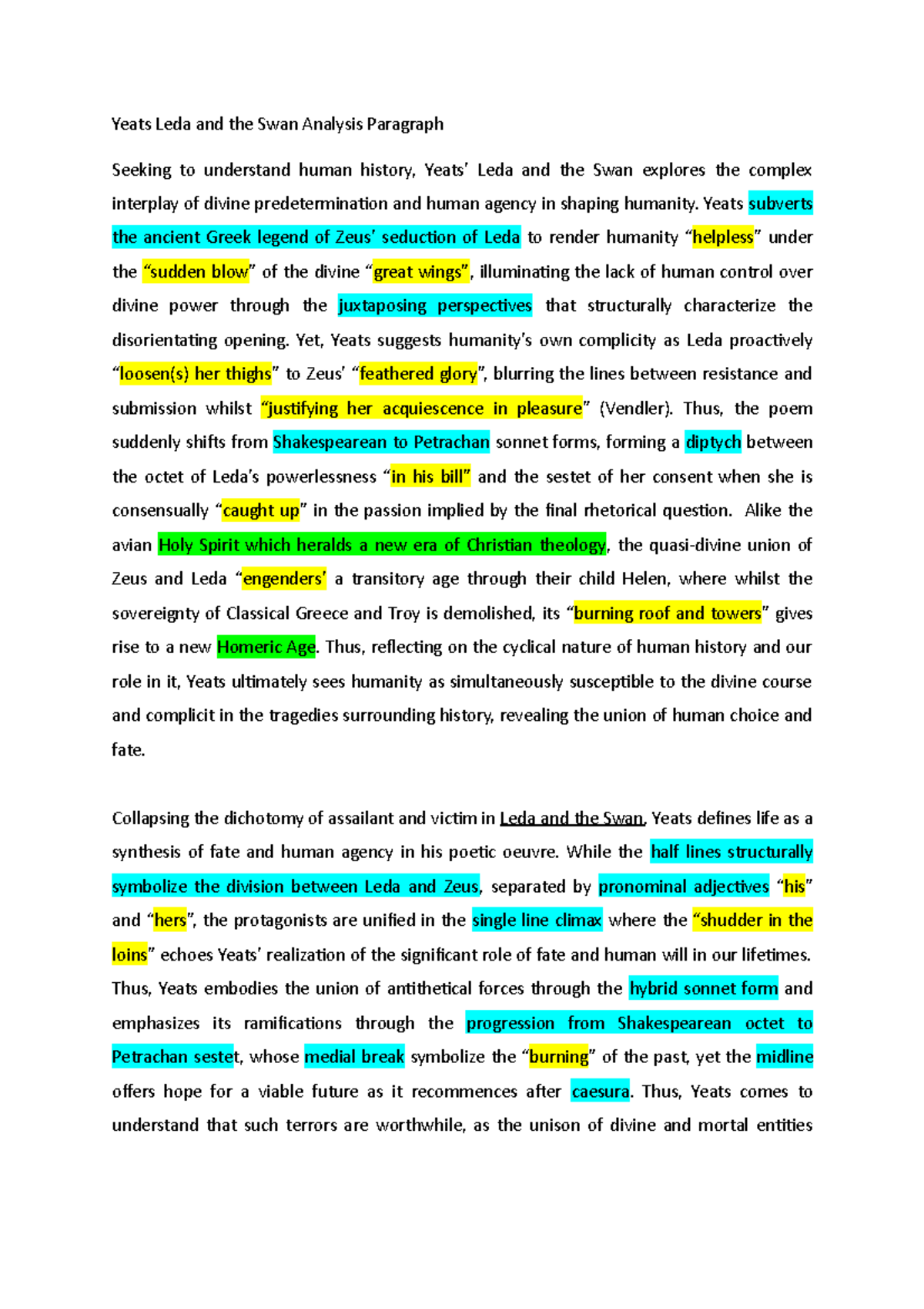 Yeats Leda and the Swan Analysis Paragraph Yeats subverts the ancient