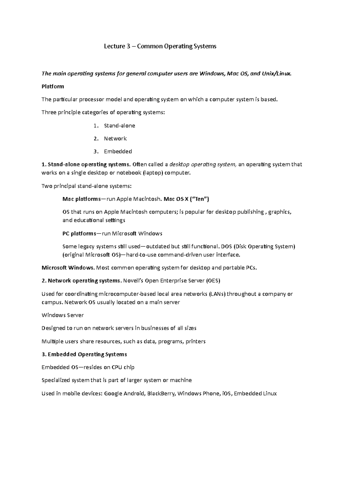 Operating systems lecture notes 2 lecture 3 common operating systems the main operating 