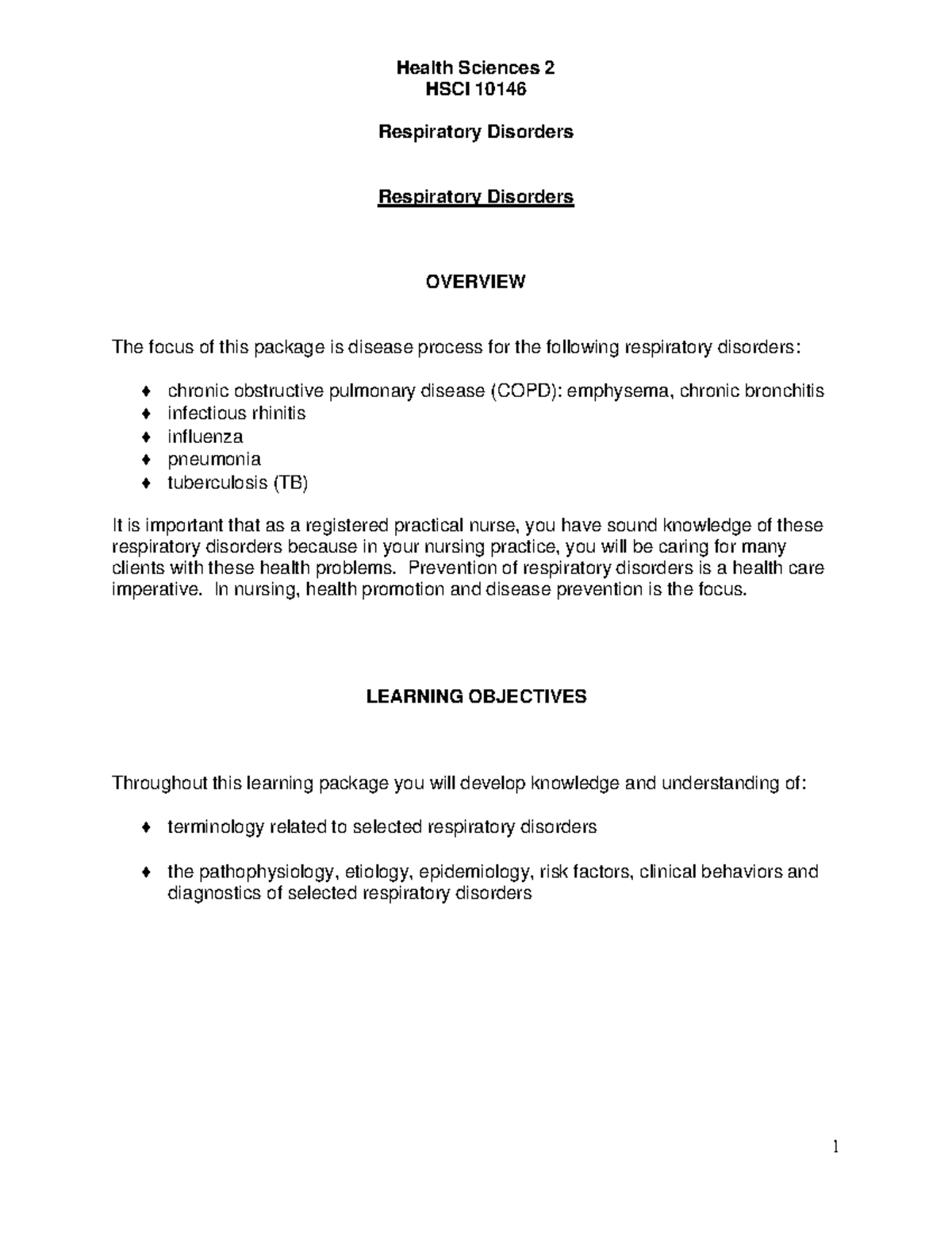 HS2-Respiratory Disorders Learning Package - Copy - HSCI 10146 ...